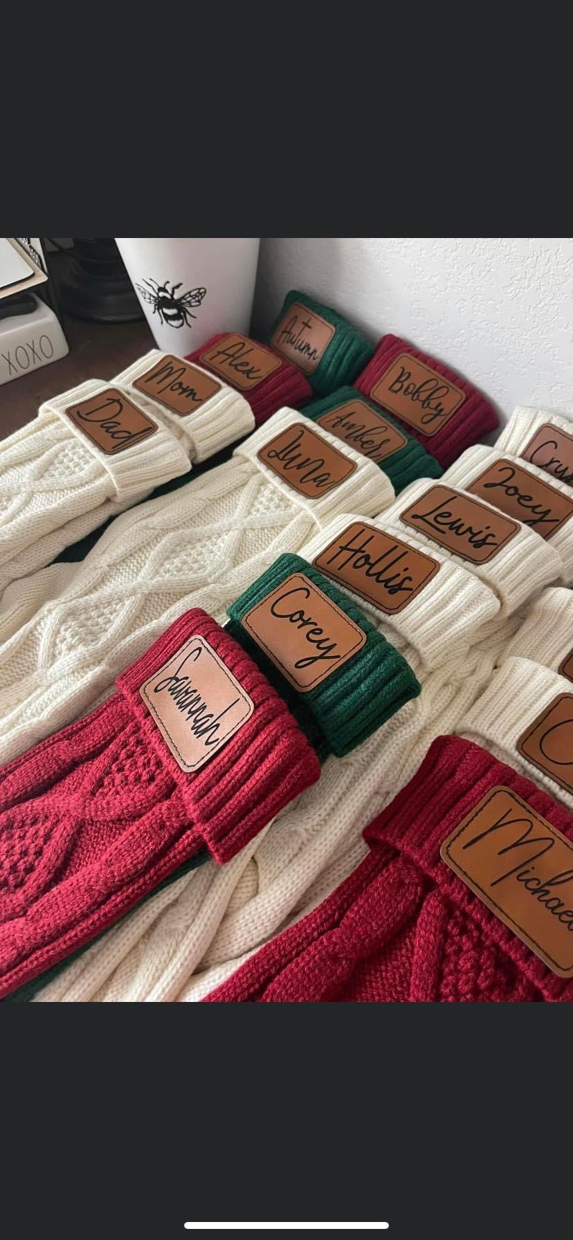 Knitted Stockings with Personalized Leather Engraved Patch