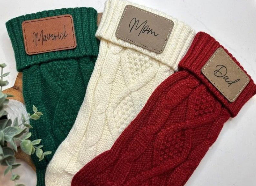 Knitted Stockings with Personalized Leather Engraved Patch