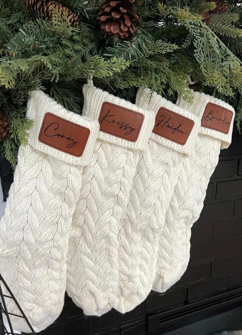 Knitted Stockings with Personalized Leather Engraved Patch