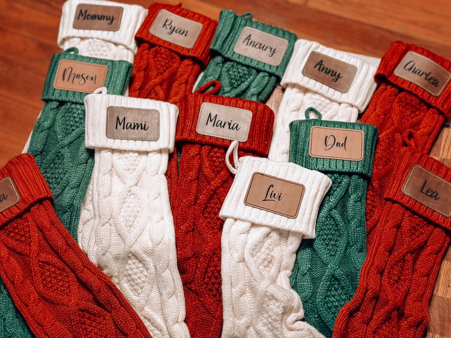 Knitted Stockings with Personalized Leather Engraved Patch