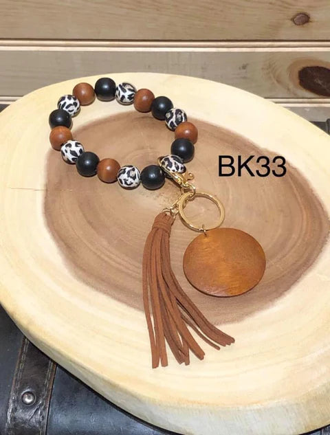 Leopard and Wood Beaded Bracelet Keyring + Tassel and Wooden Disc