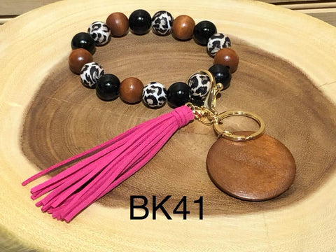 Leopard and Wood Beaded Bracelet Keyring + Tassel and Wooden Disc