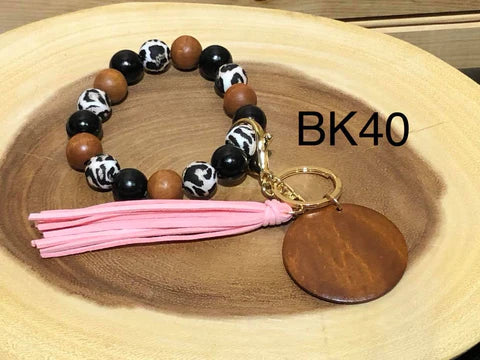 Leopard and Wood Beaded Bracelet Keyring + Tassel and Wooden Disc