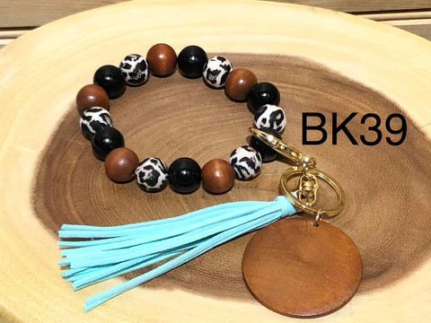 Leopard and Wood Beaded Bracelet Keyring + Tassel and Wooden Disc