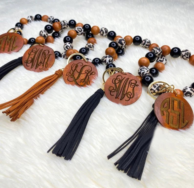 Leopard and Wood Beaded Bracelet Keyring + Tassel and Wooden Disc
