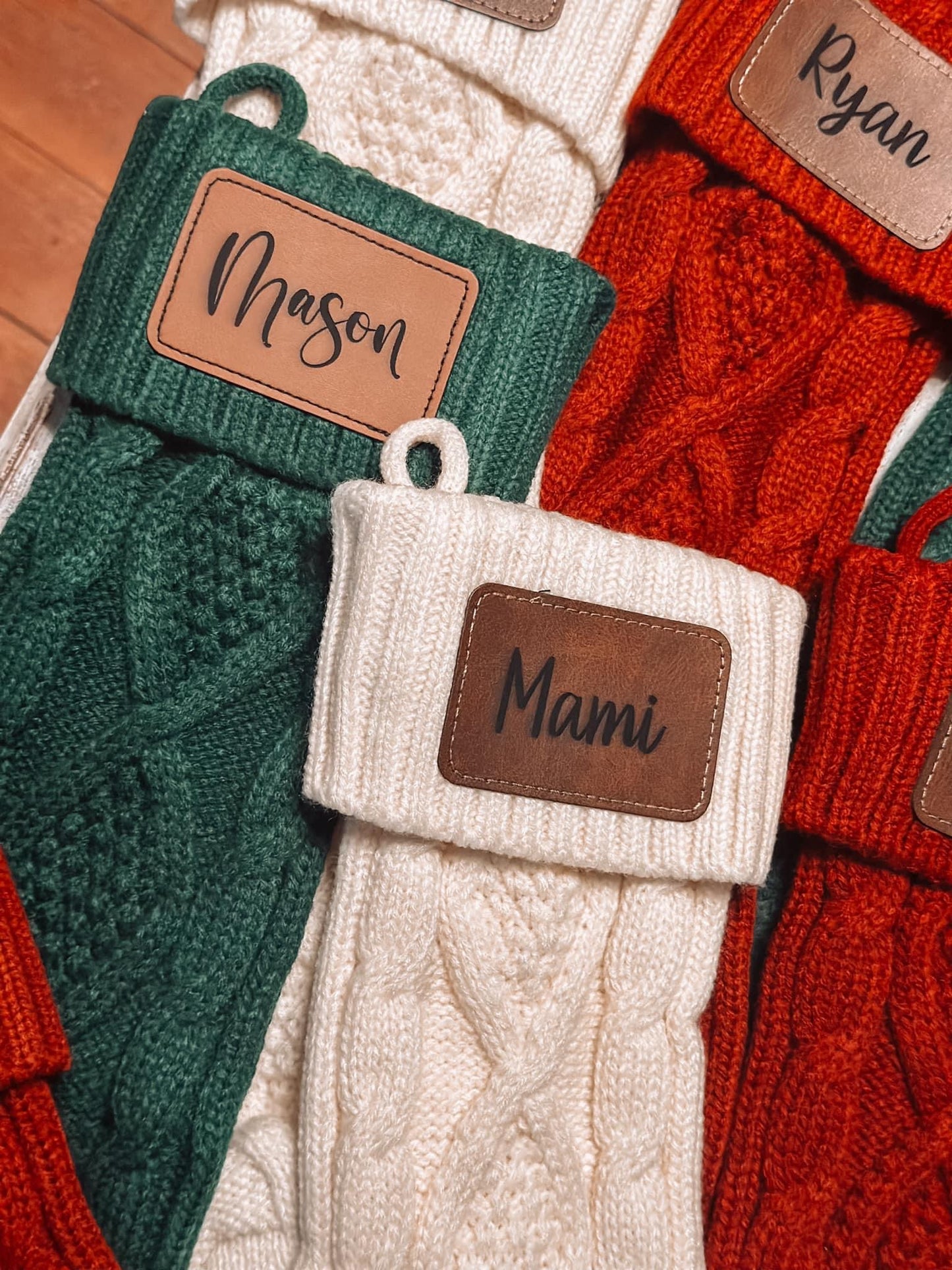 Knitted Stockings with Personalized Leather Engraved Patch