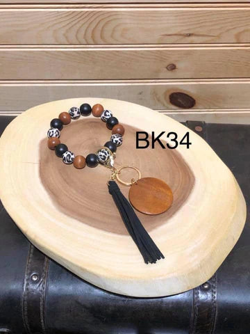 Leopard and Wood Beaded Bracelet Keyring + Tassel and Wooden Disc